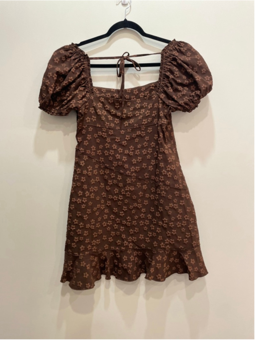 STORIA Brown Floral Babydoll Mini Dress L Puff Sleeves Fairy Grunge Asymmetric - Picture 4 of 9